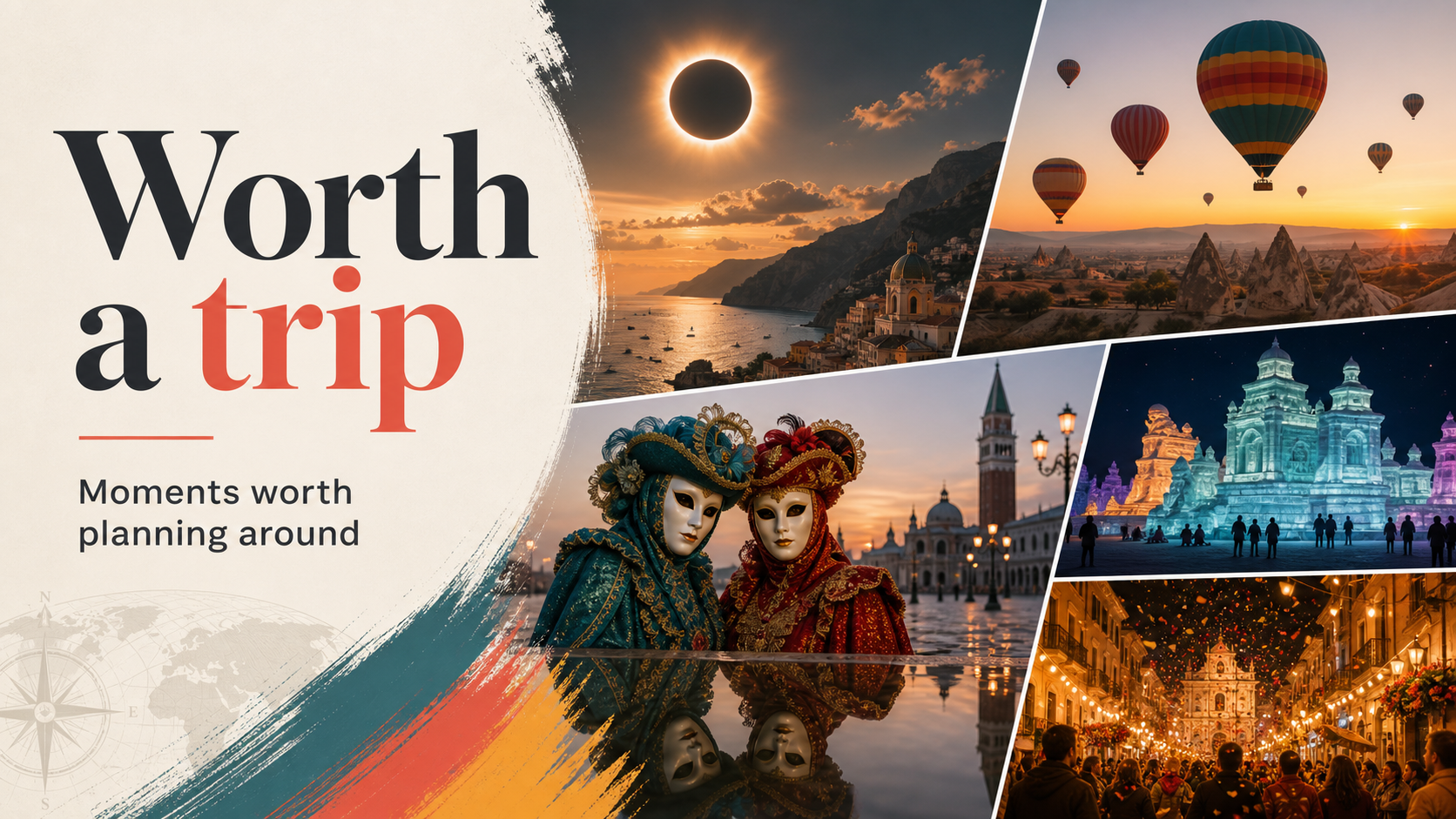 A collage of memorable travel moments, including a balloon festival and city celebrations
